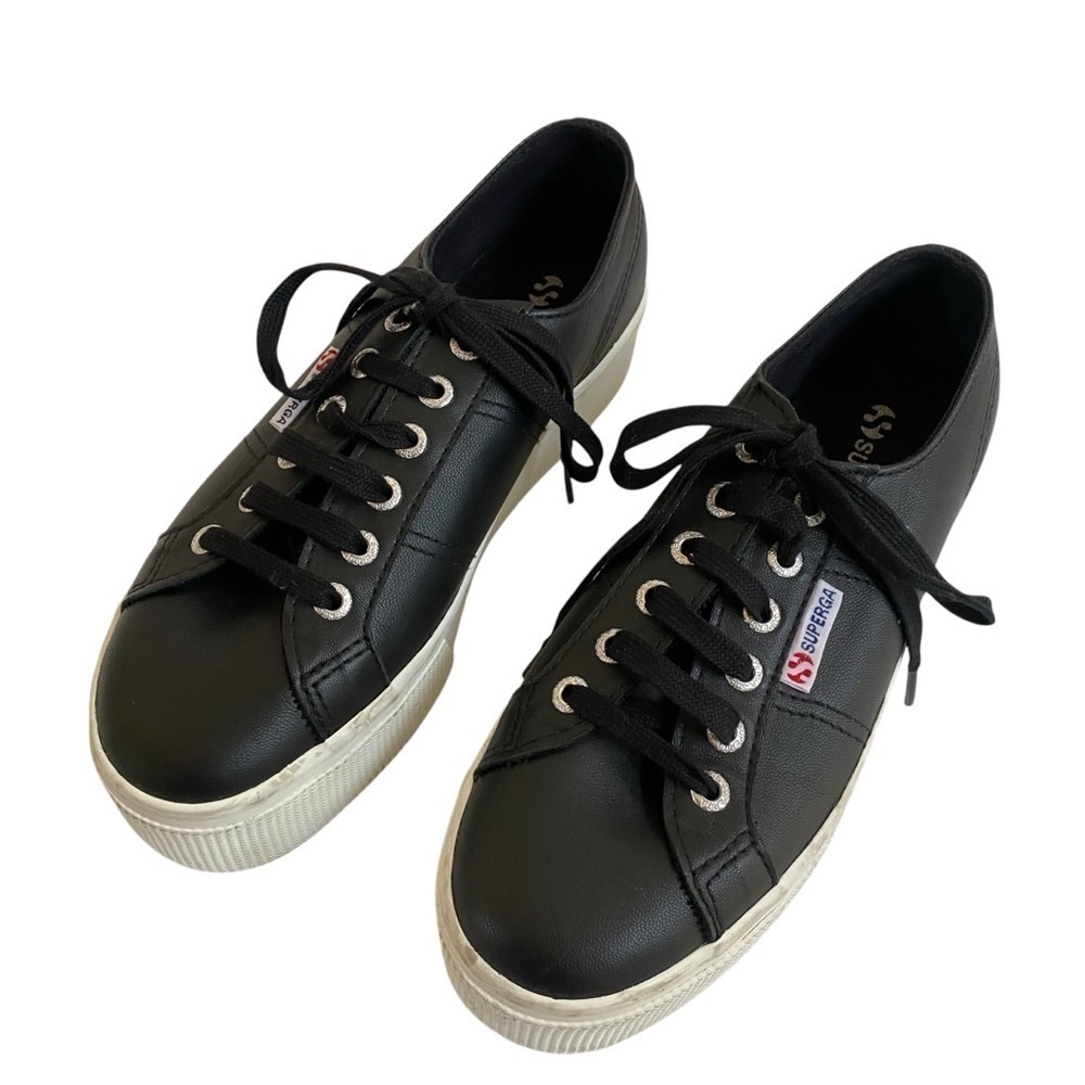 Superga EUC 2790 Nappa Black Leather Platform Sneakers EU 37.5 SZ 6.5 - Picture 14 of 16